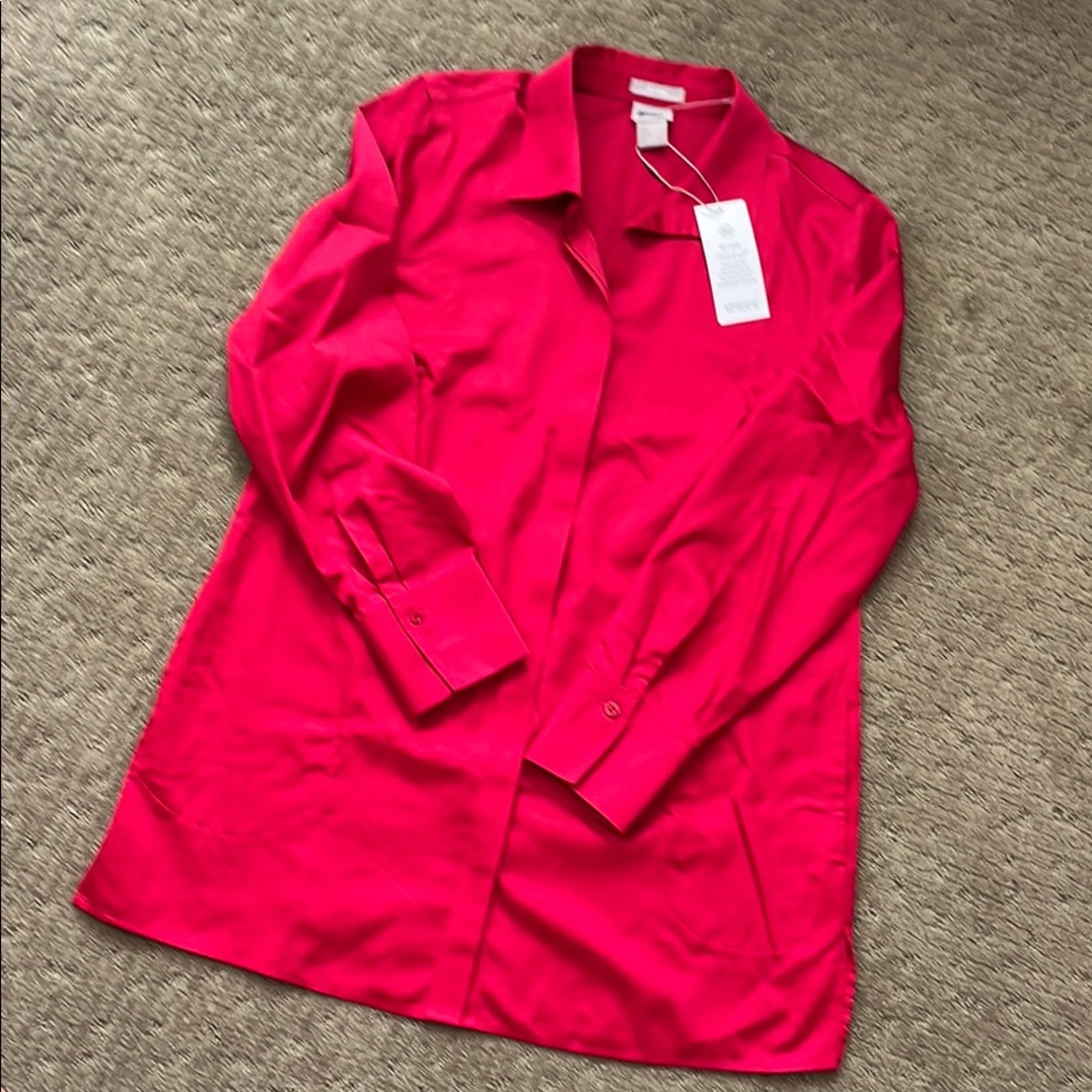 Chico's Vibrant Red No-Iron Tunic Button- up Blouse